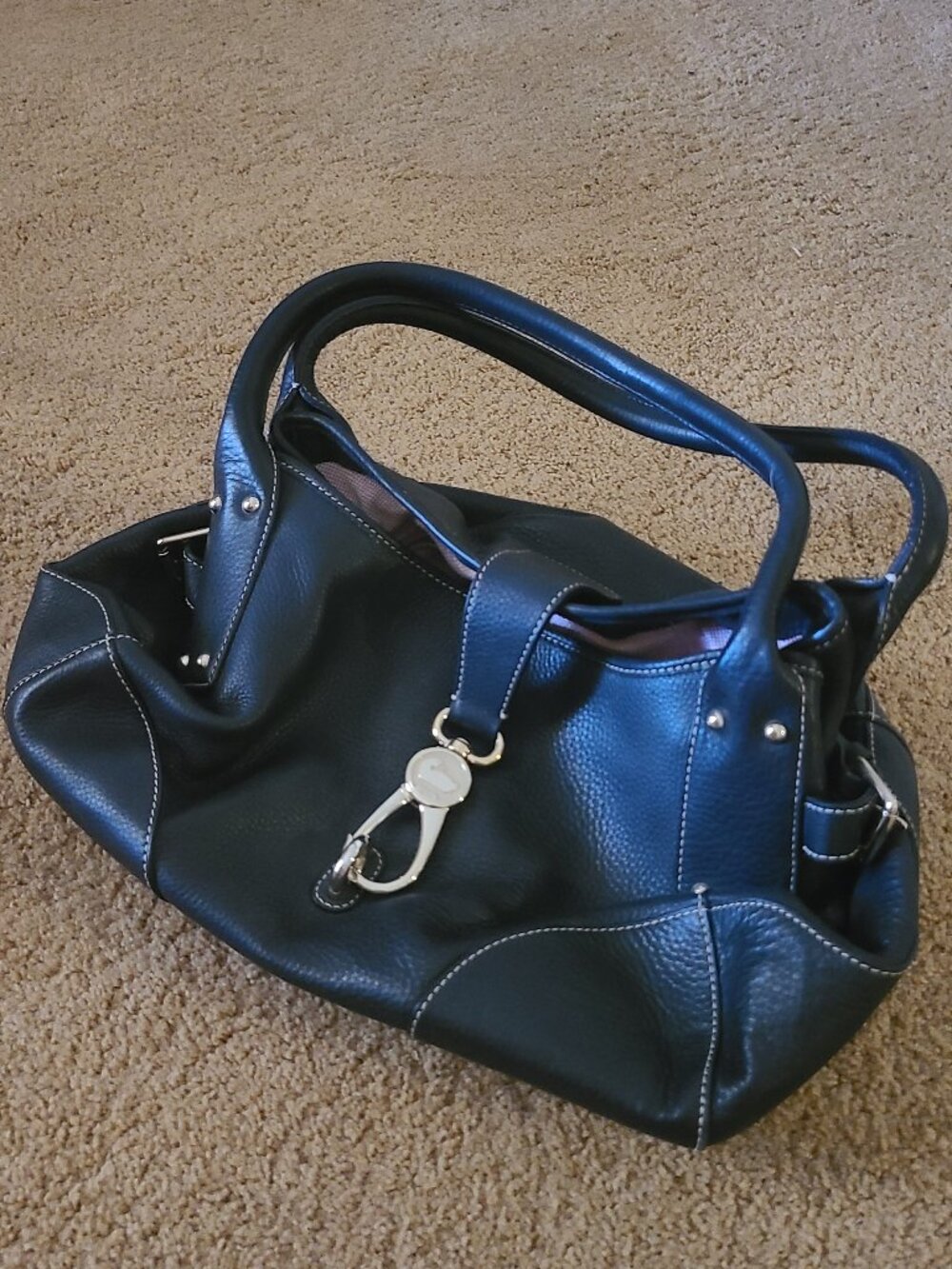 Dooney & Bourke Annalisa Black Pebbled Leather Lock Satchel Bag Silver Hardware